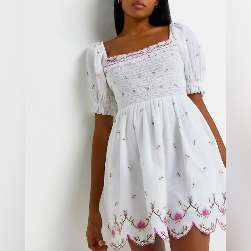 River Island embroidered smocked scalloped mini dress coverup puff sleeve floral